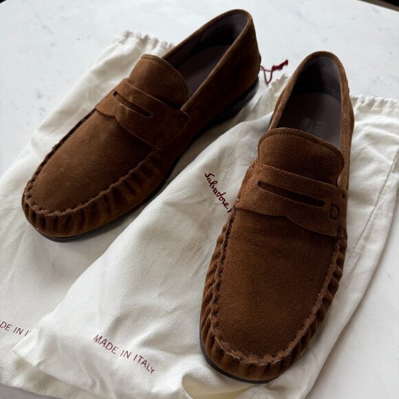 Men's Salvatore Ferragamo Brown Suede Driver Loafers – Size 9.5EE - Picture 1 of 4